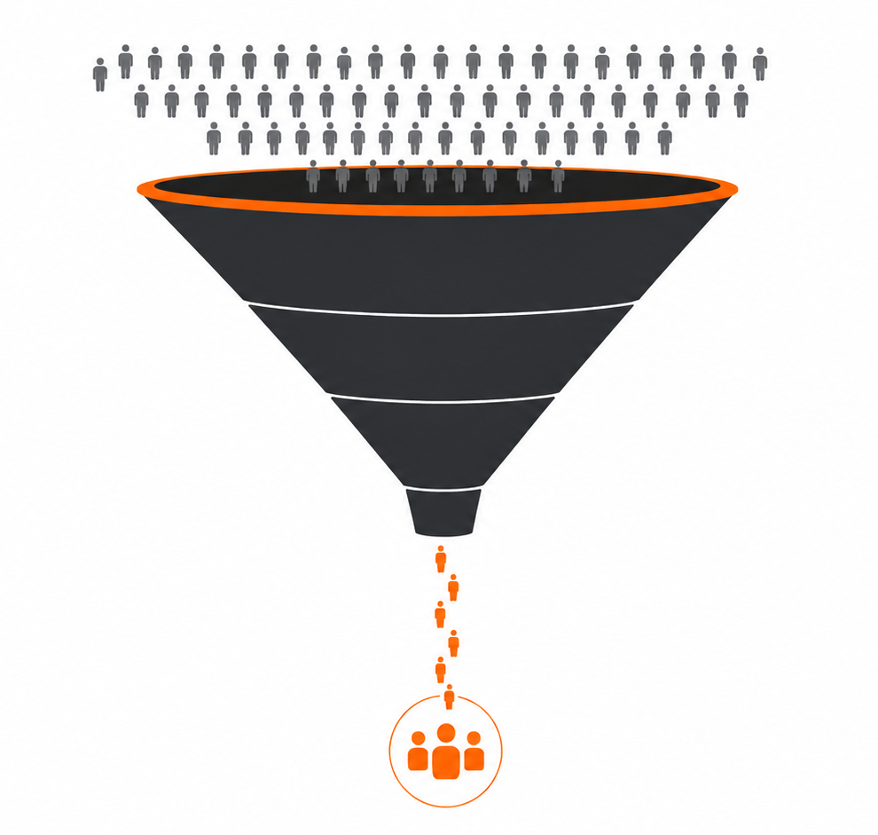 simple funnel concept showing many visitors entering and few customers exiting